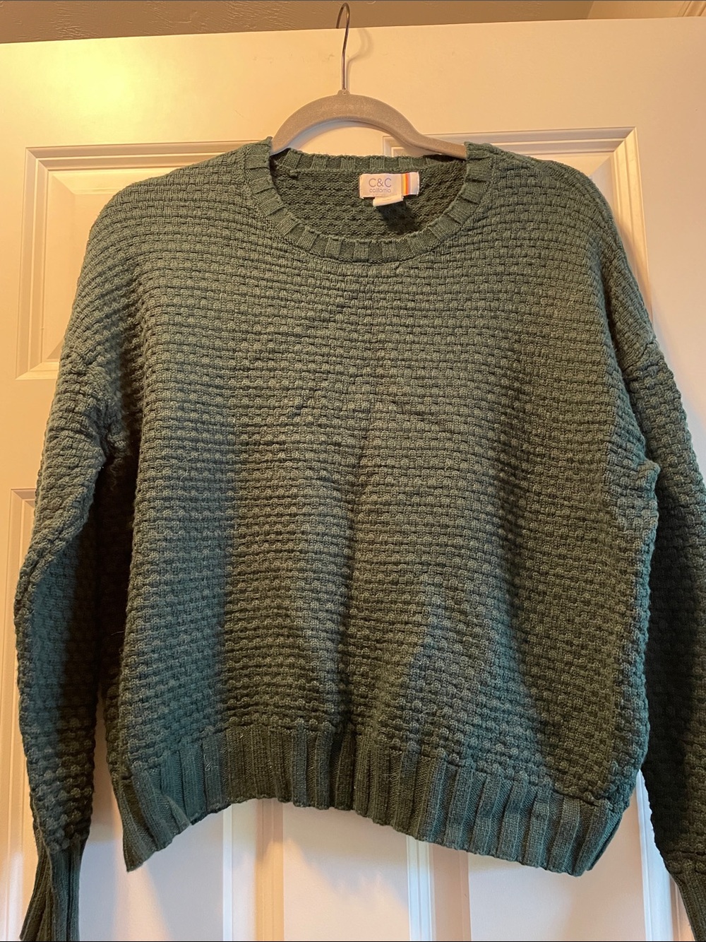 C&C California Forest Green Waffle Knit Crewneck Sweater